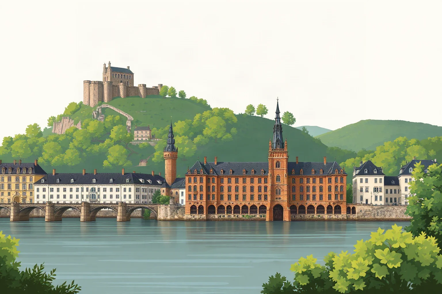 Illustration of Heidelberg's university building along a river with hillside castle ruins in the background, German medieval architecture