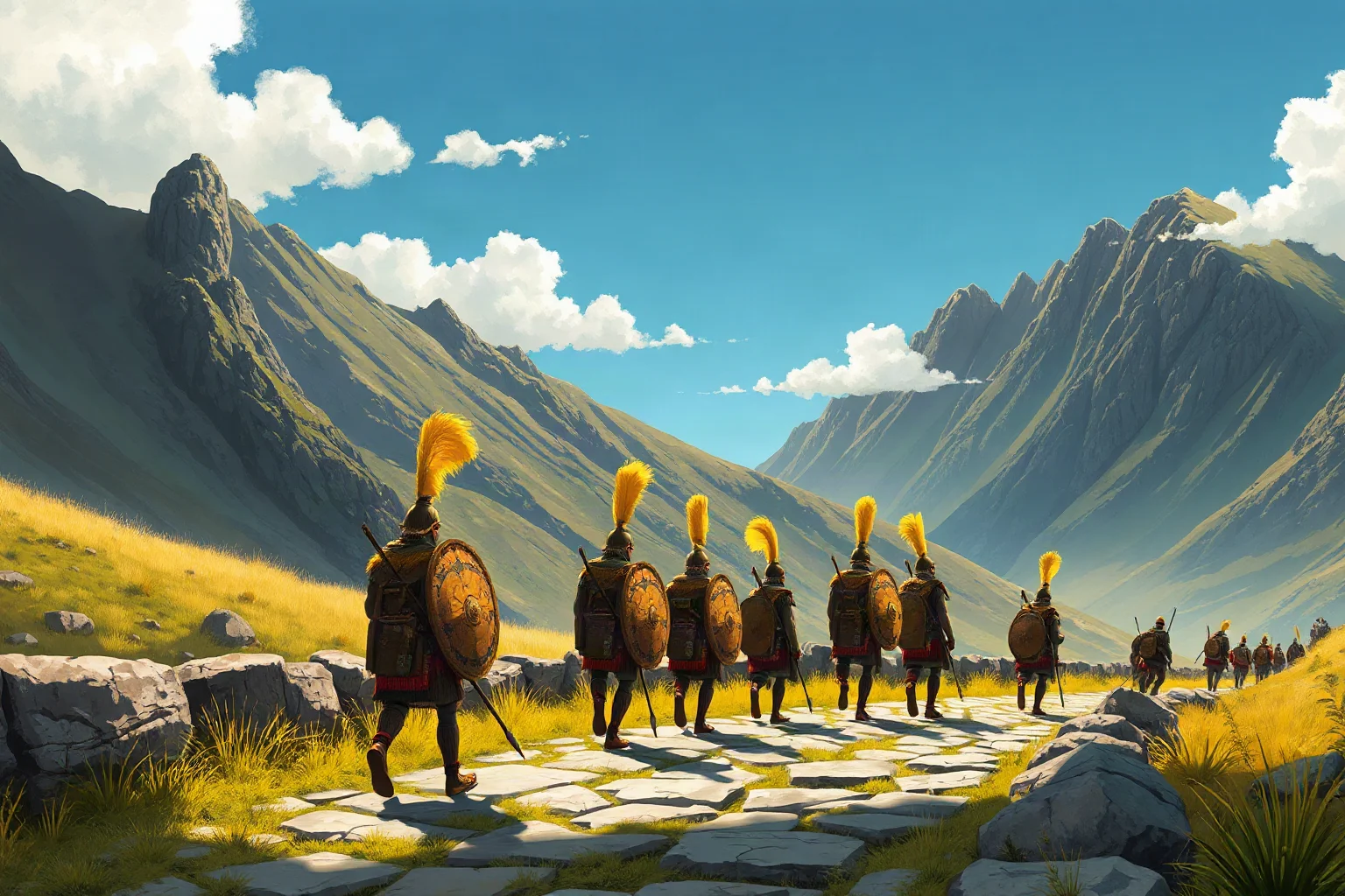 Illustration of Inca soldiers marching along a stone mountain road with spears and shields