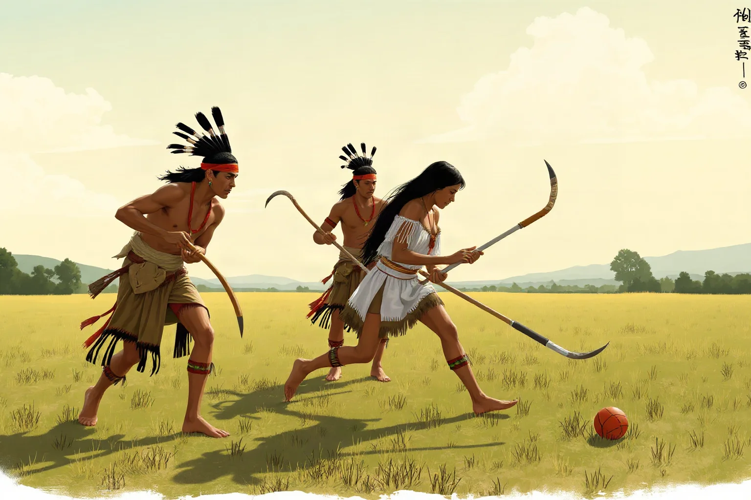 Illustration of Indigenous North American players using curved sticks and a small ball on an open field