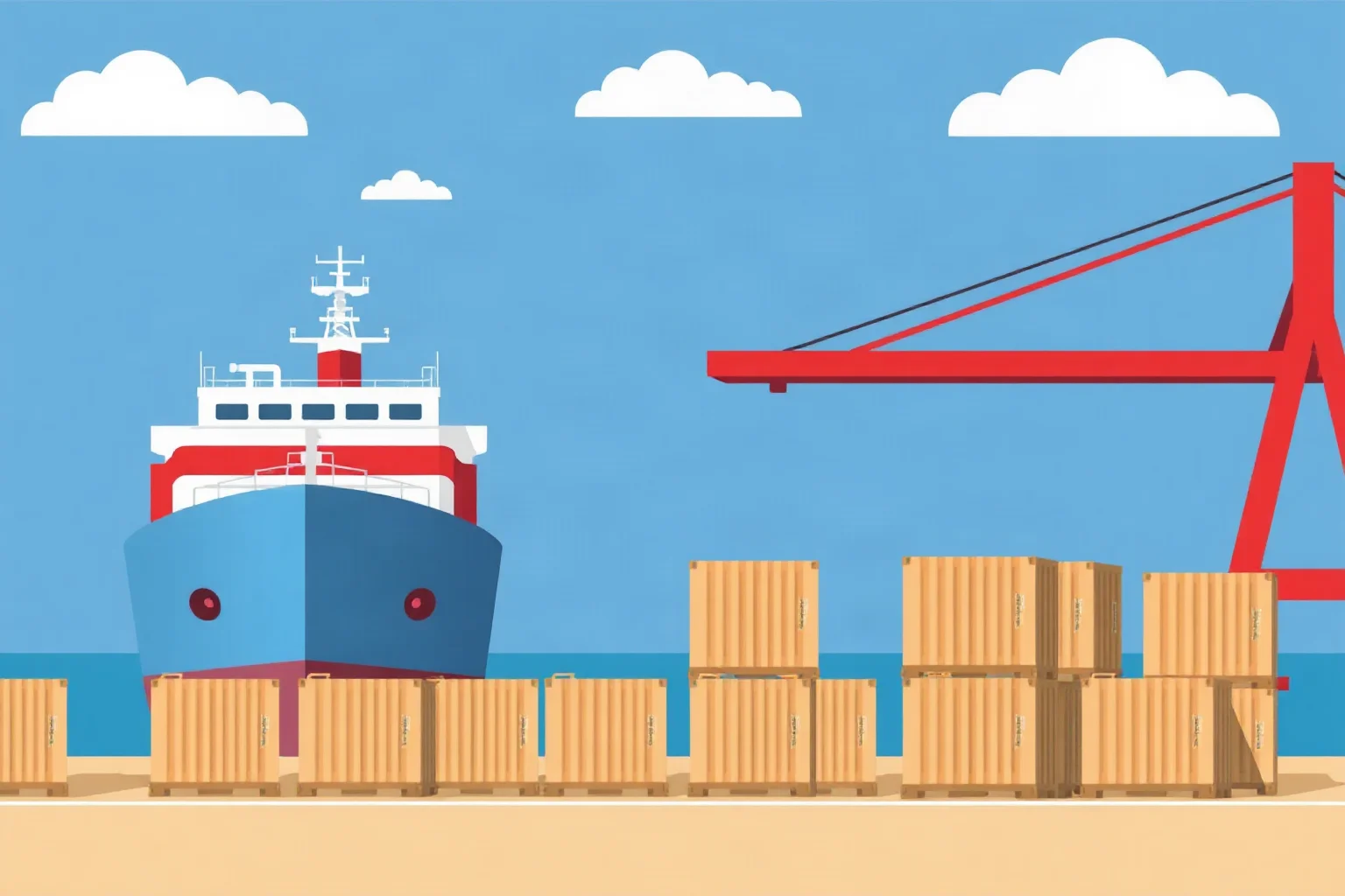 Illustration of international cargo ships and crates arriving at a Chinese port for relief supplies