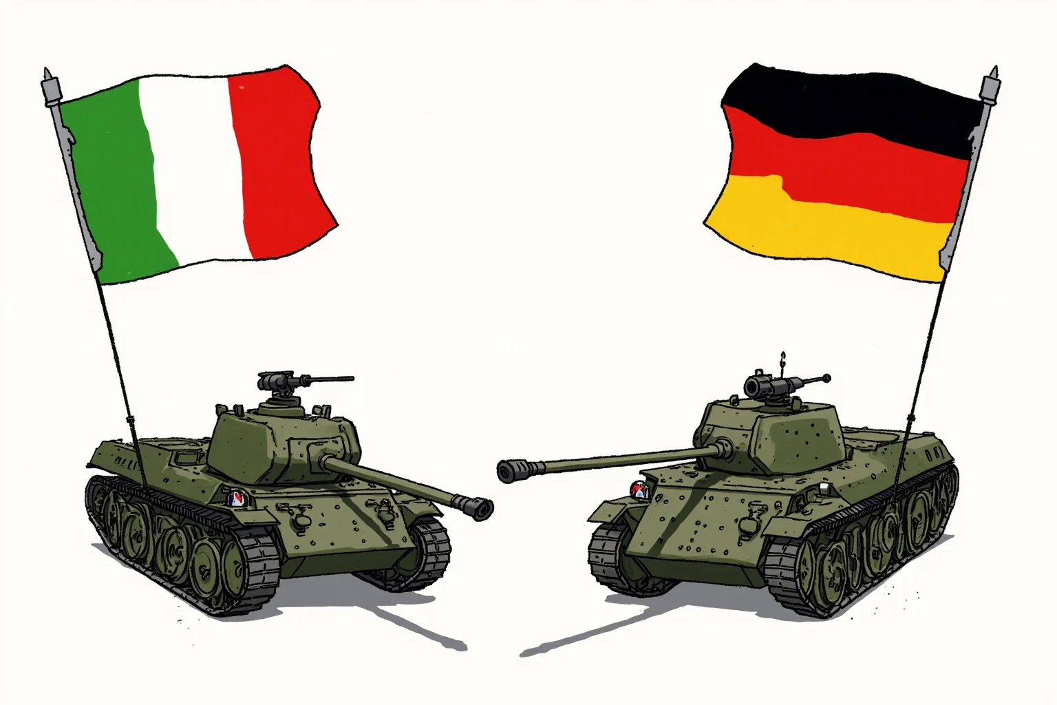 Illustration of Italian and German flags on wobbly, mismatched military equipment, symbolizing an uneven alliance