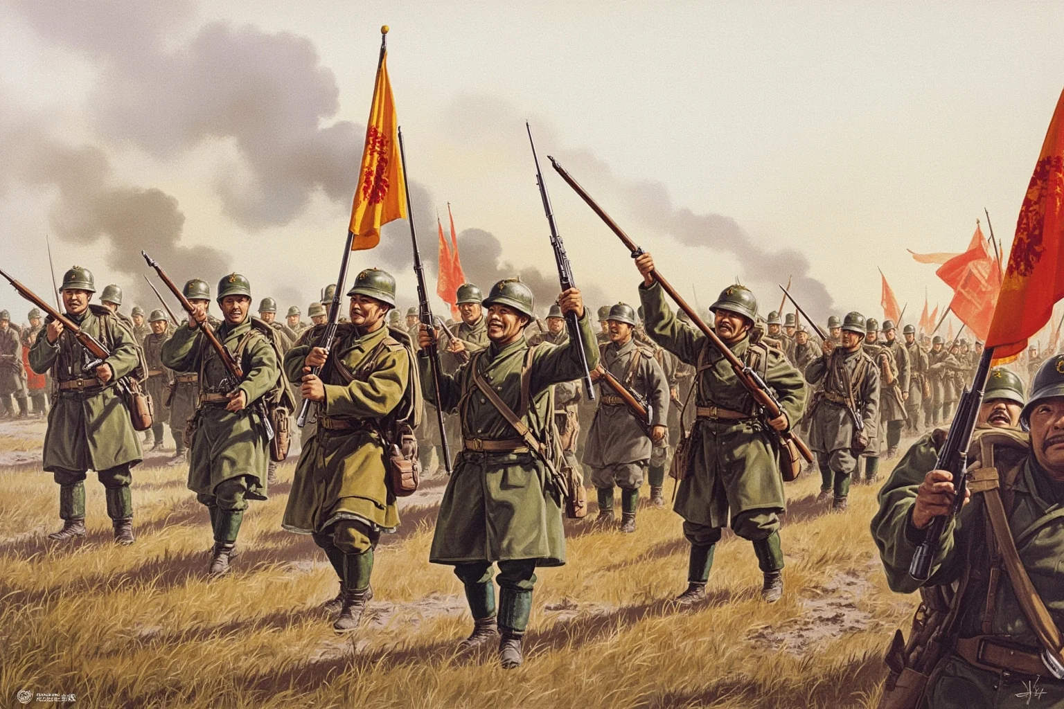 Illustration of Japanese and Chinese troops in a 1930s Manchurian battlefield setting