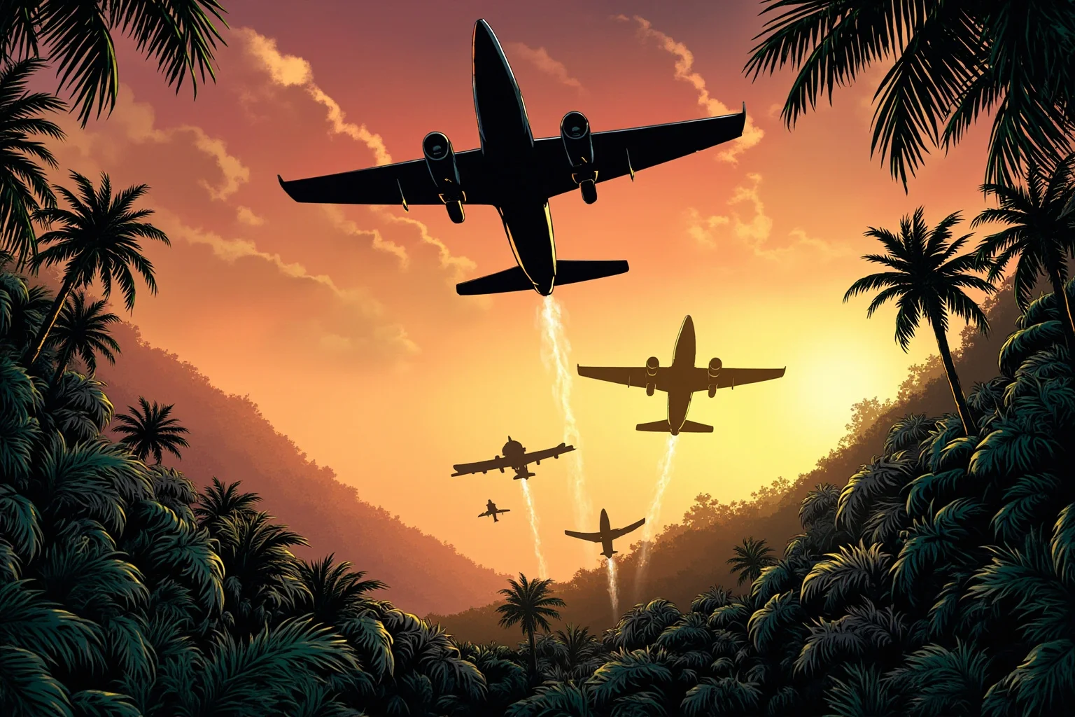 Illustration of jet aircraft dropping bombs over a jungle landscape at dusk, Vietnam War era