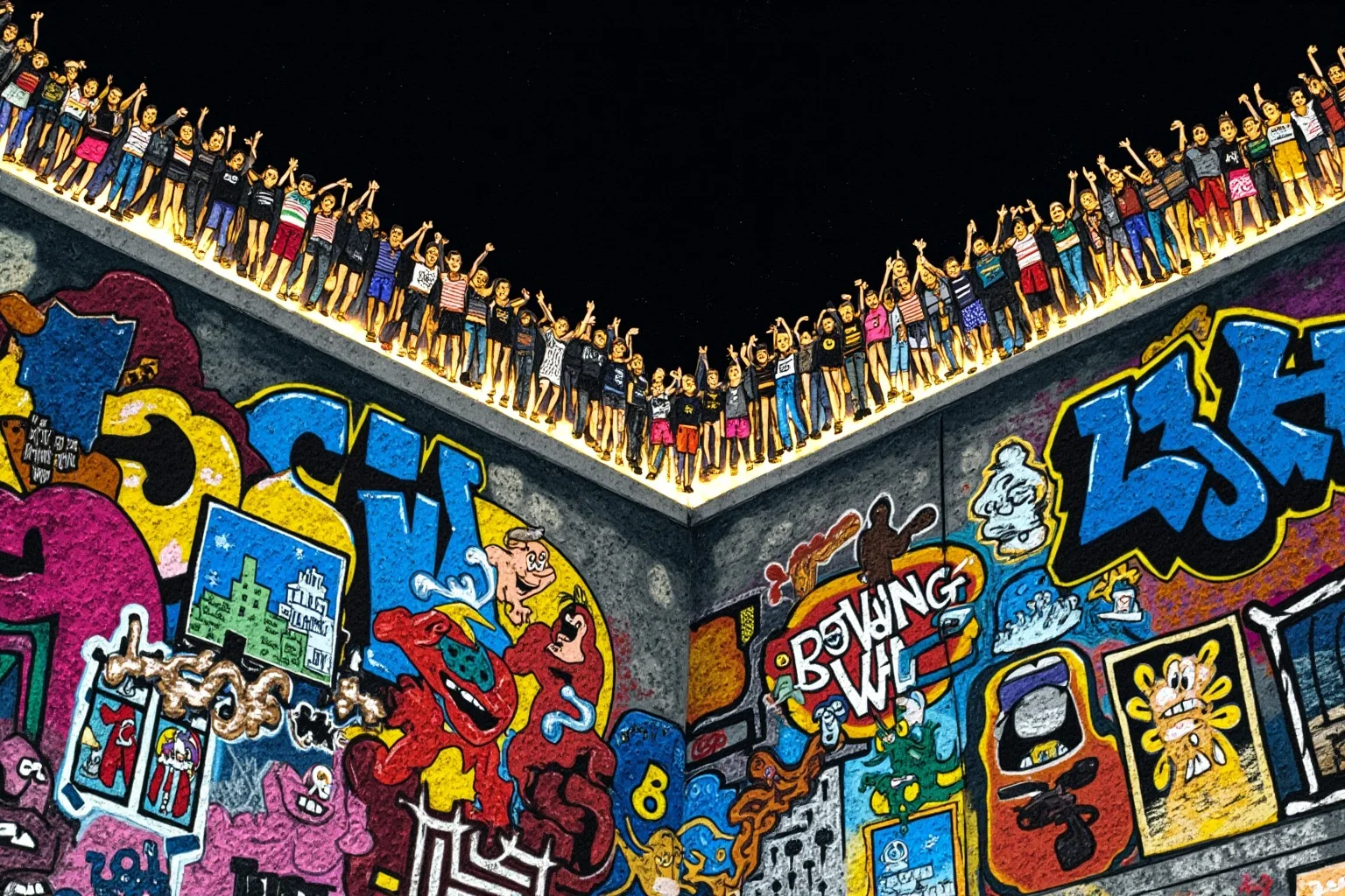 25 Most Memorable Dates in History (And Why They Still Matter) 24 Illustration of joyful crowds atop a large concrete wall covered in colorful graffiti at night