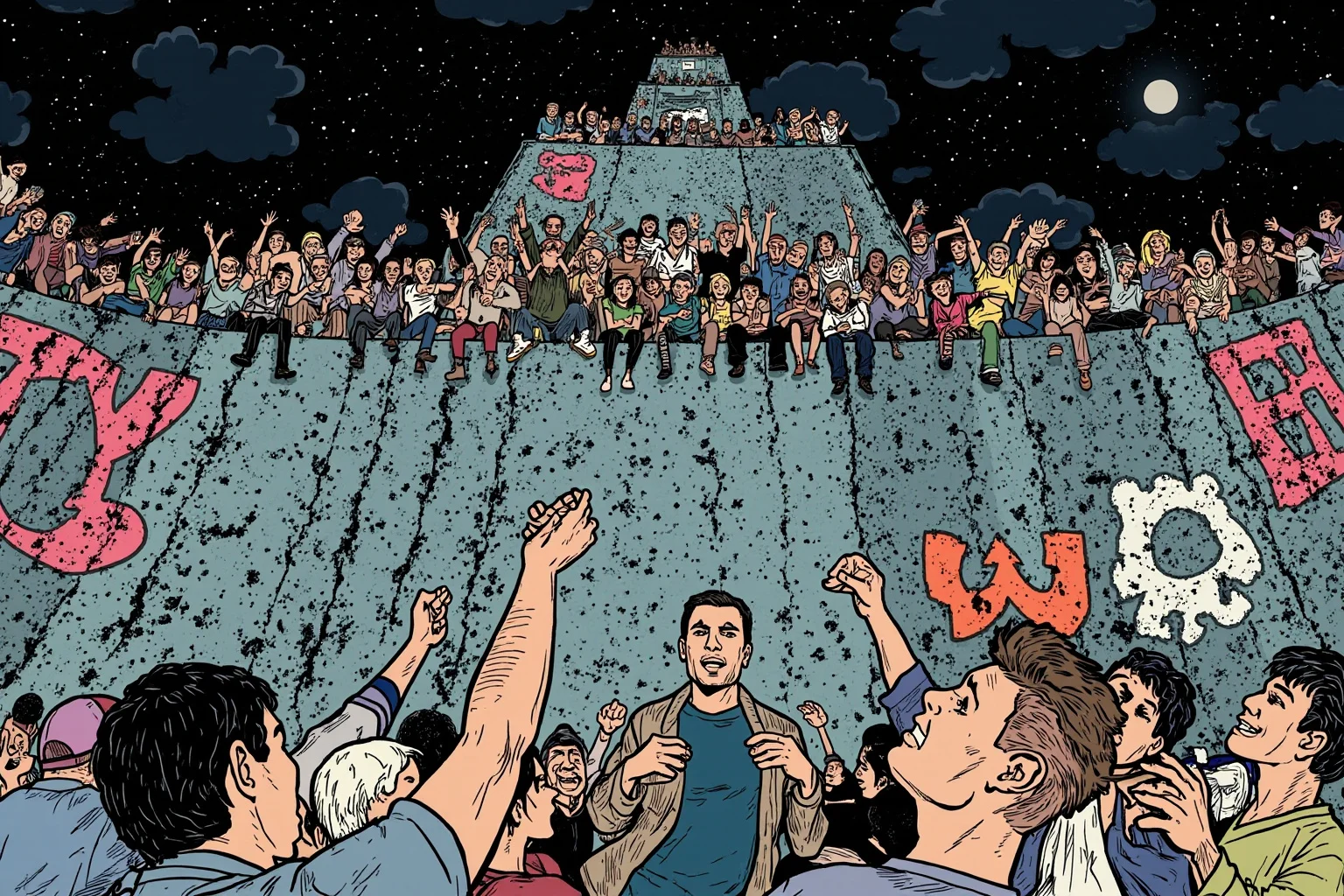 22 Historical Events That Will Restore Your Faith In Humanity 17 Illustration of jubilant crowds atop a large graffiti-covered concrete wall, chipping away pieces under a night sky