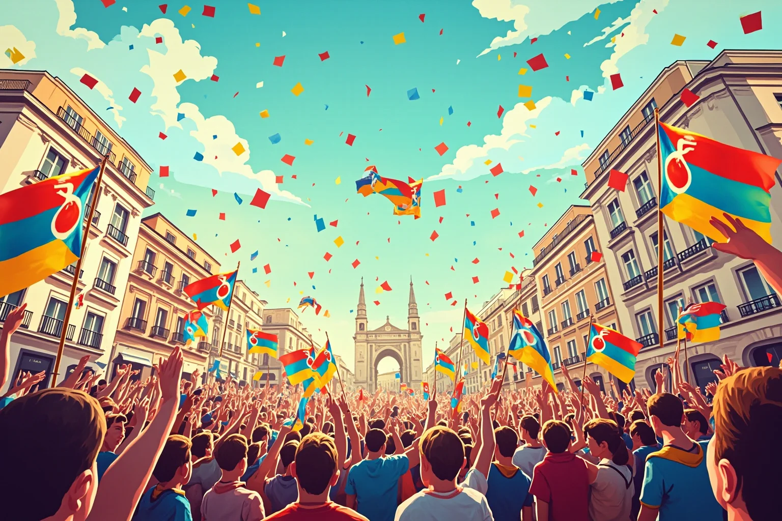 25 Most Memorable Dates in History (And Why They Still Matter) 17 Illustration of jubilant crowds celebrating in a European city square with flags and confetti