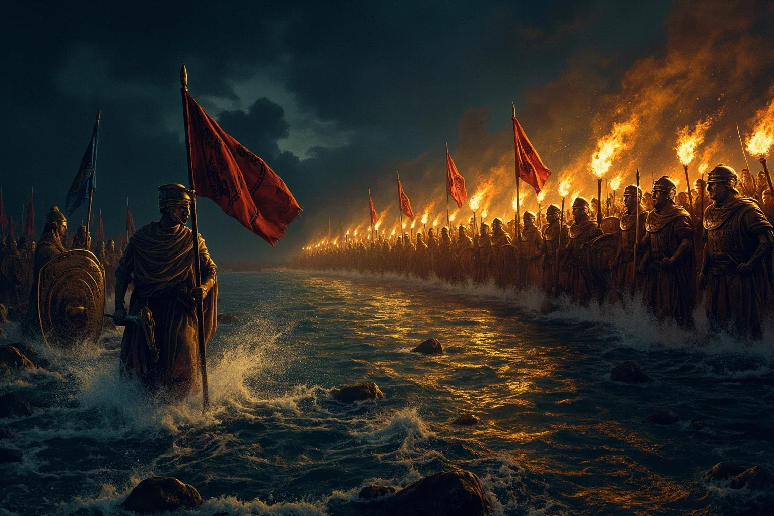 Illustration of Julius Caesar's army crossing a river at night by torchlight, ancient Roman military banners visible