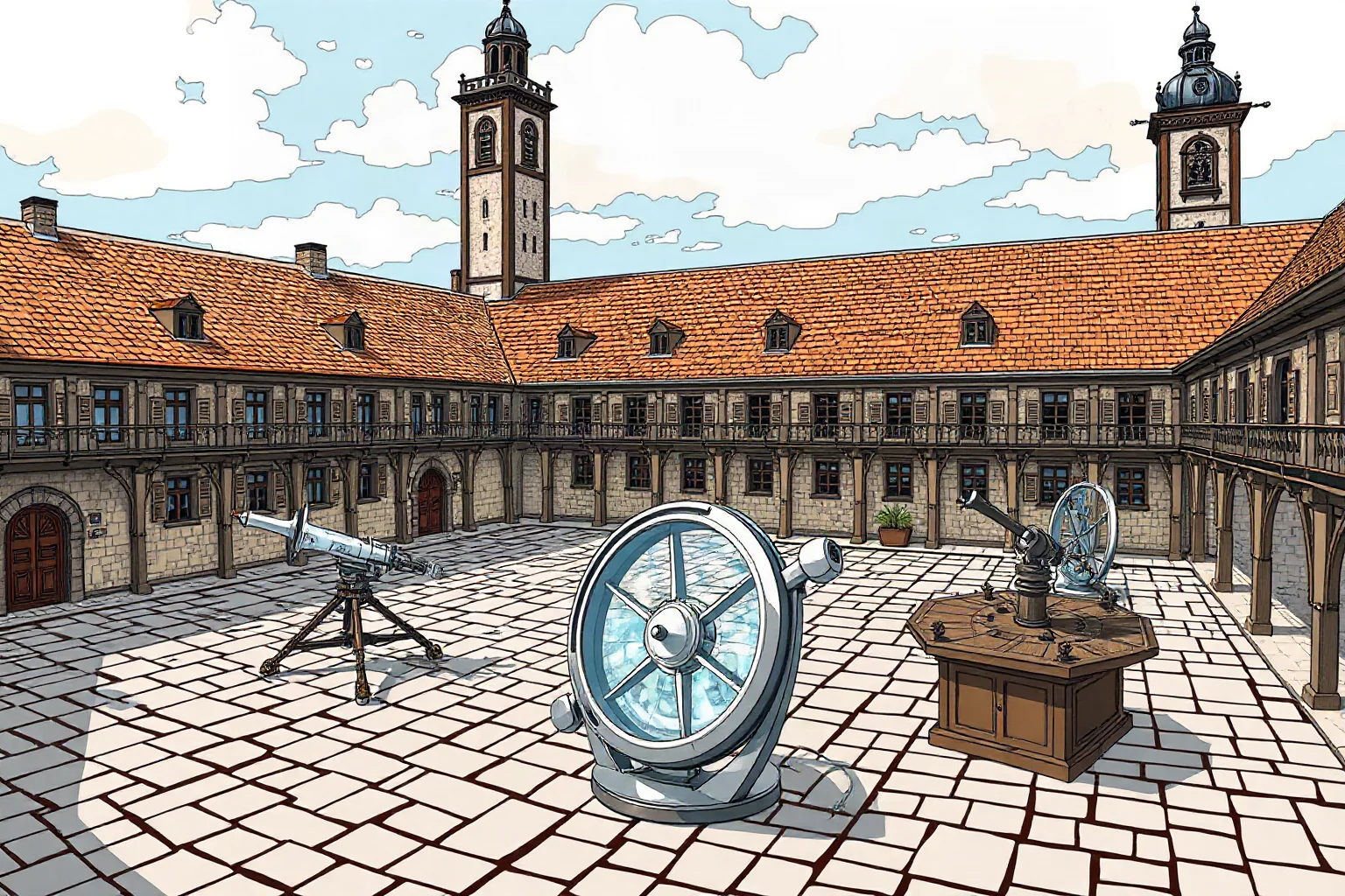 Illustration of Kraków's Jagiellonian University courtyard with astronomical instruments referencing Copernicus, medieval Polish architecture