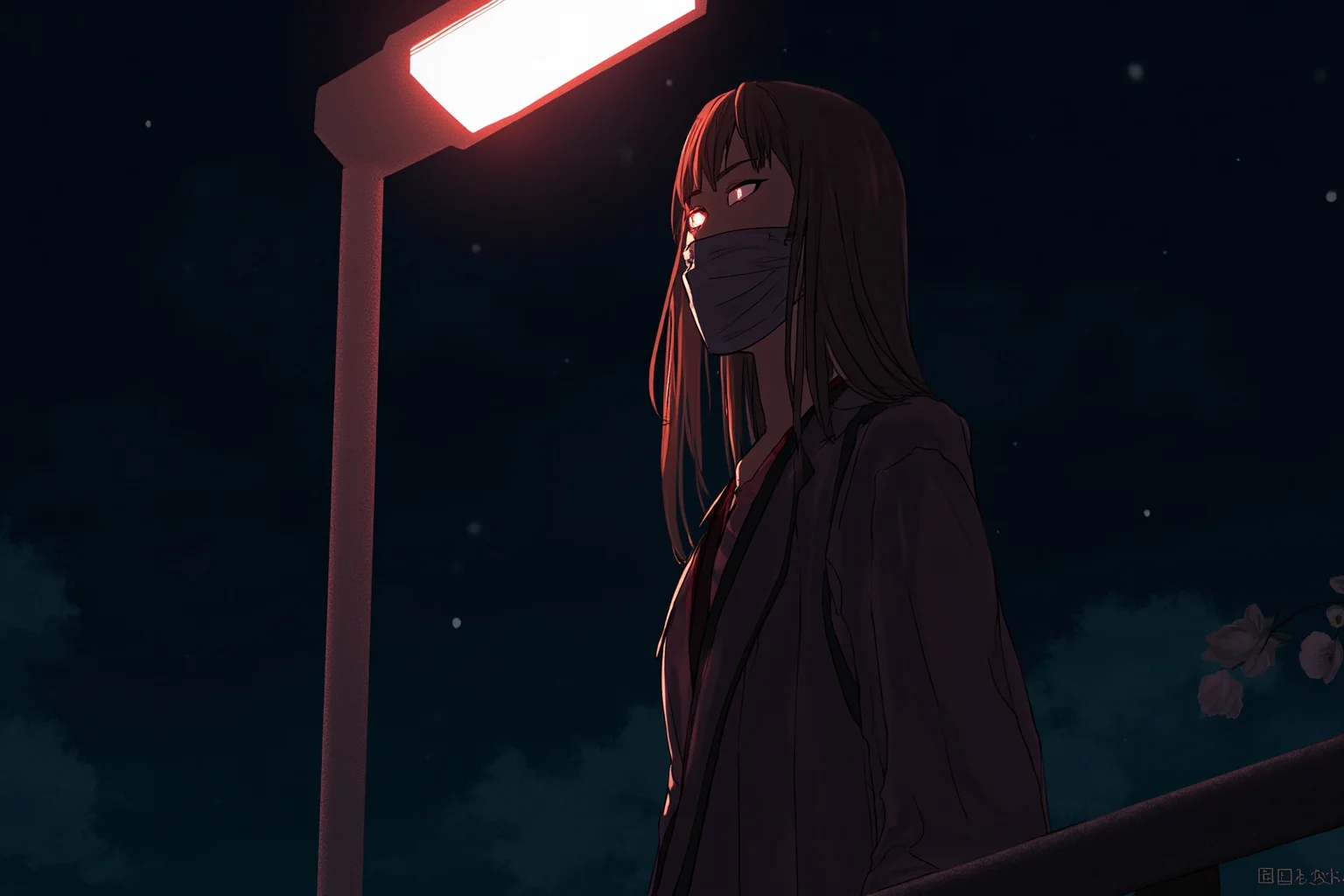 Illustration of Kuchisake-onna, a woman in a surgical mask standing beneath a Japanese streetlamp at night