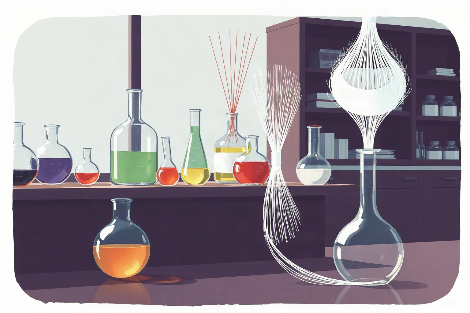 Illustration of laboratory glassware and spooled synthetic fiber strands in a 1960s chemistry lab