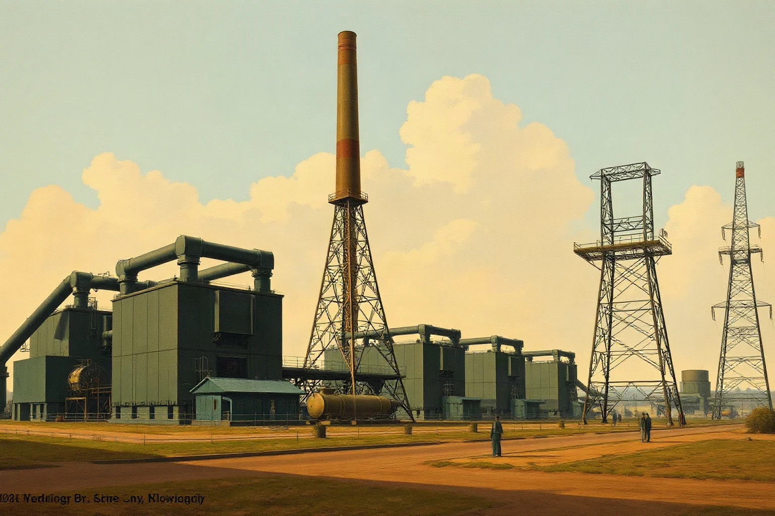 Illustration of large early 20th-century electrical power generators and towers, industrial Gilded Age setting