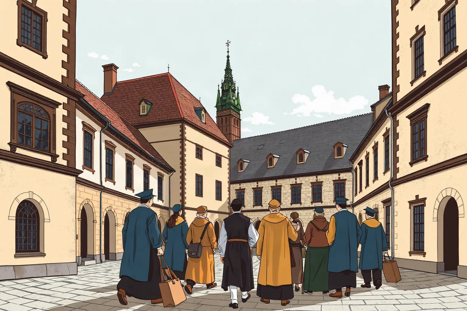 Illustration of Leipzig's historic university courtyard with scholars departing Prague on a symbolic journey, medieval German setting