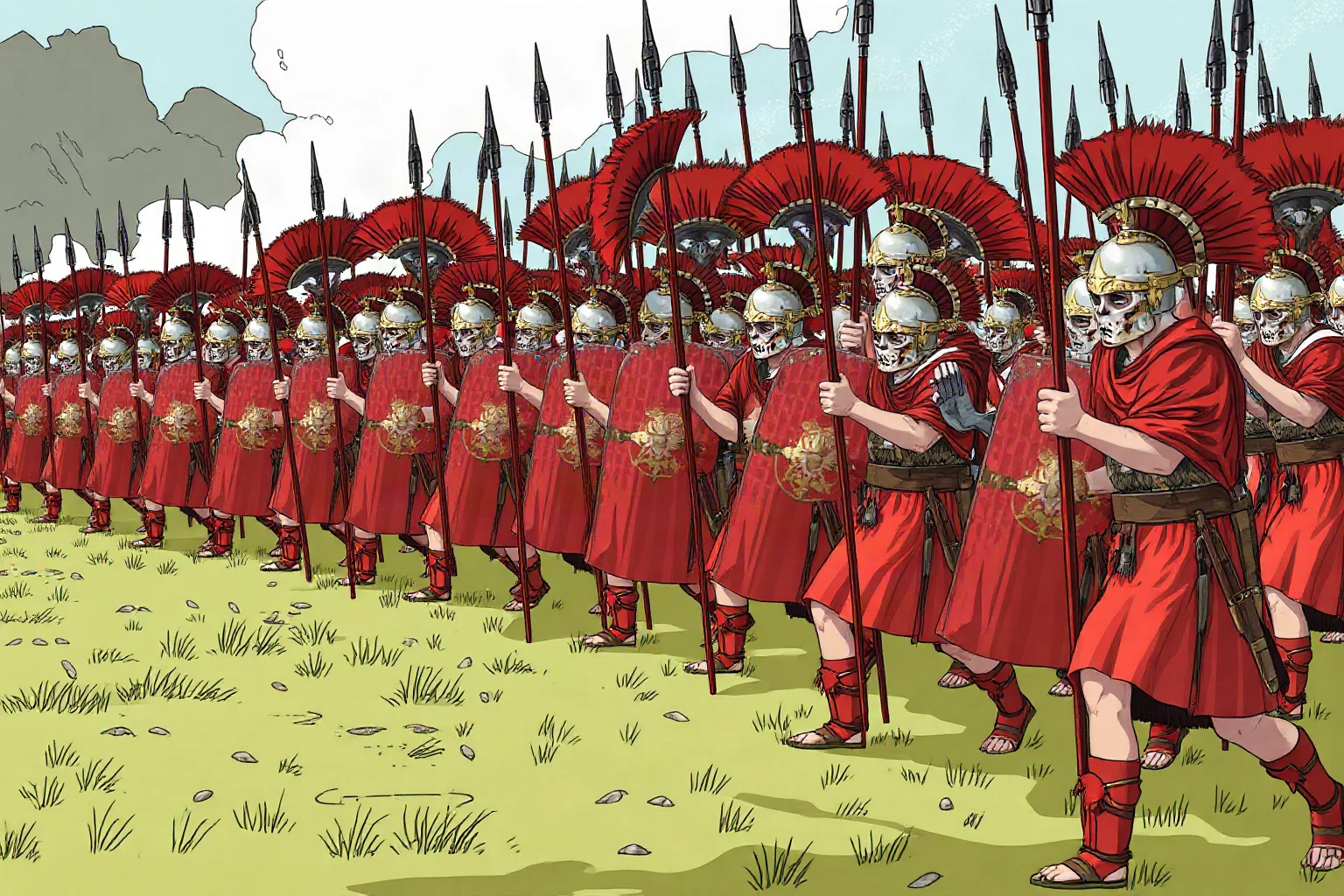 Illustration of Macedonian phalanx soldiers holding long spears in tight formation