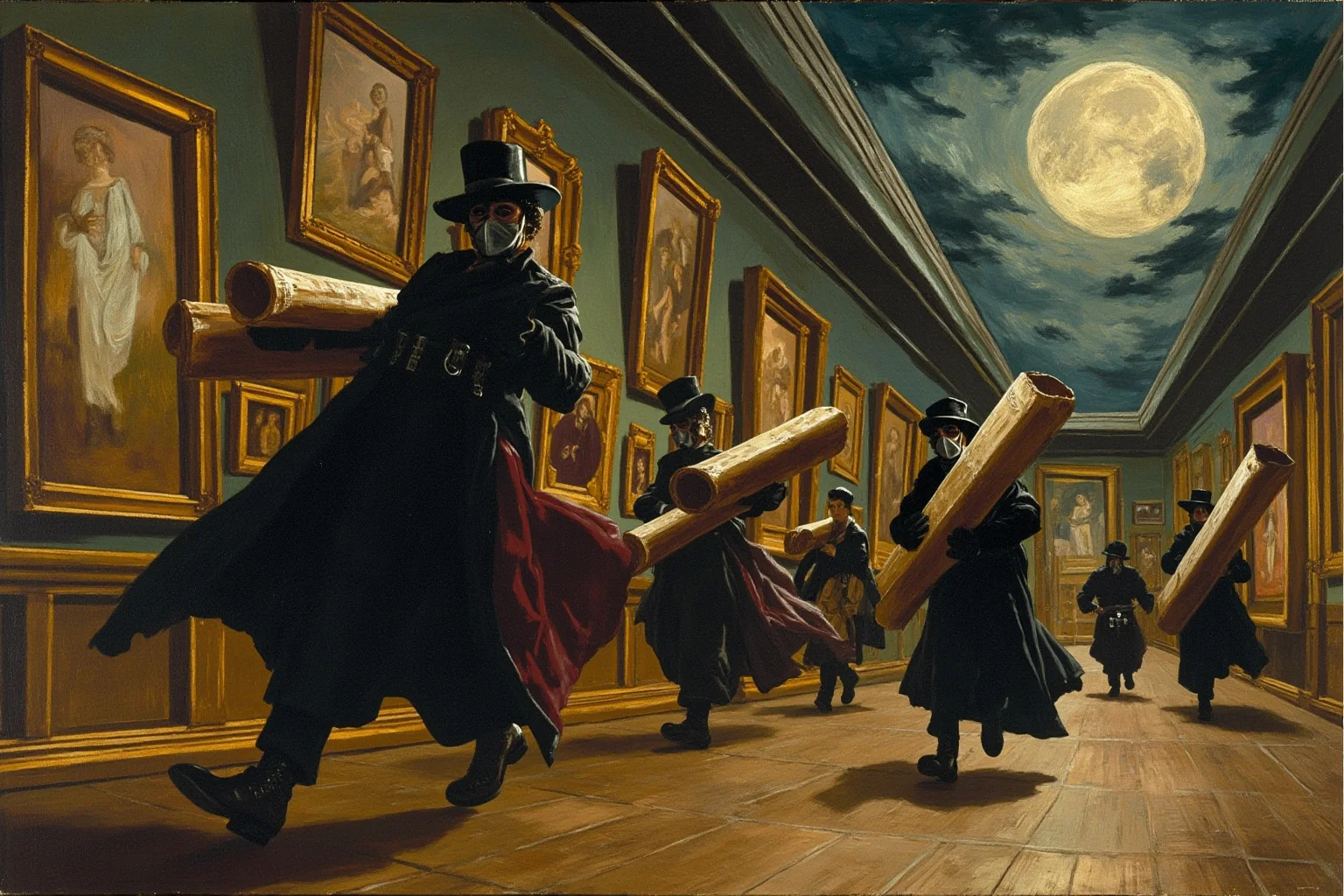 The Louvre Is No Stranger to Losing Millions: Inside the Museum's Biggest Heists 11 Illustration of masked figures fleeing a moonlit French museum gallery carrying rolled canvases