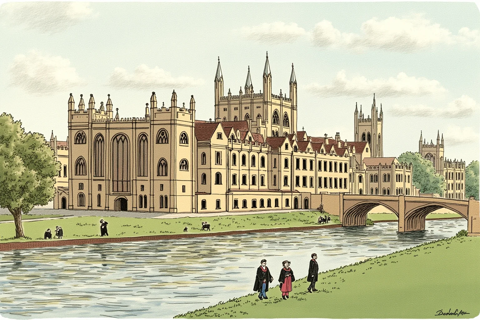 Illustration of medieval Cambridge college buildings beside a river with students in academic gowns