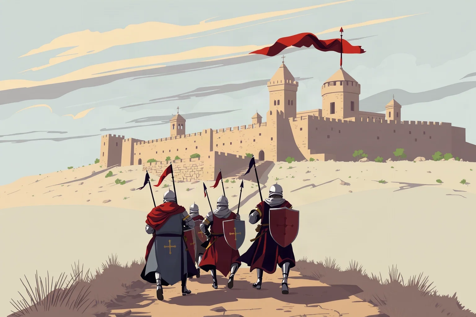 Illustration of medieval crusader knights marching toward a walled Middle Eastern city