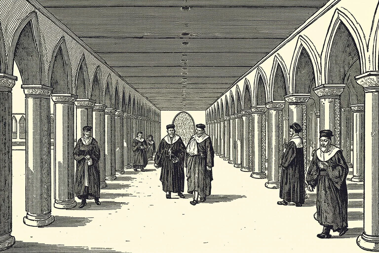 Illustration of medieval Glasgow University cloisters with scholars walking in academic gowns
