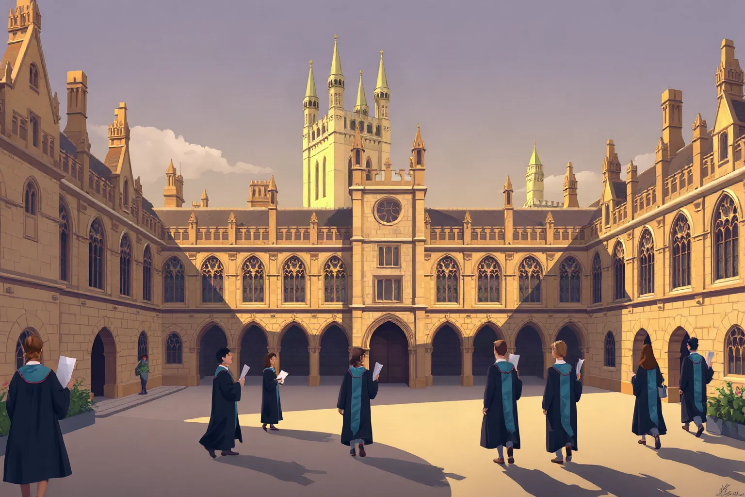 Back to Class: The 20 Oldest Universities in the World 3 Illustration of medieval Oxford's stone college quadrangle with Gothic spires, students in academic gowns carrying scrolls, soft golden afternoon light