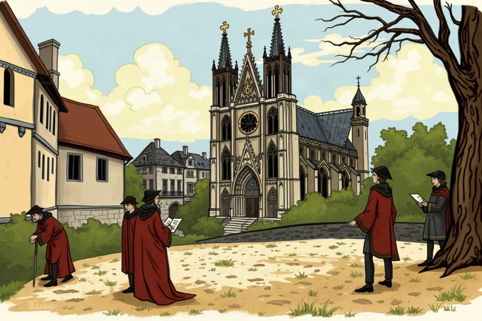 Back to Class: The 20 Oldest Universities in the World 5 Illustration of medieval Paris with a cathedral school setting near Notre-Dame, robed scholars debating outdoors, illuminated-manuscript art style