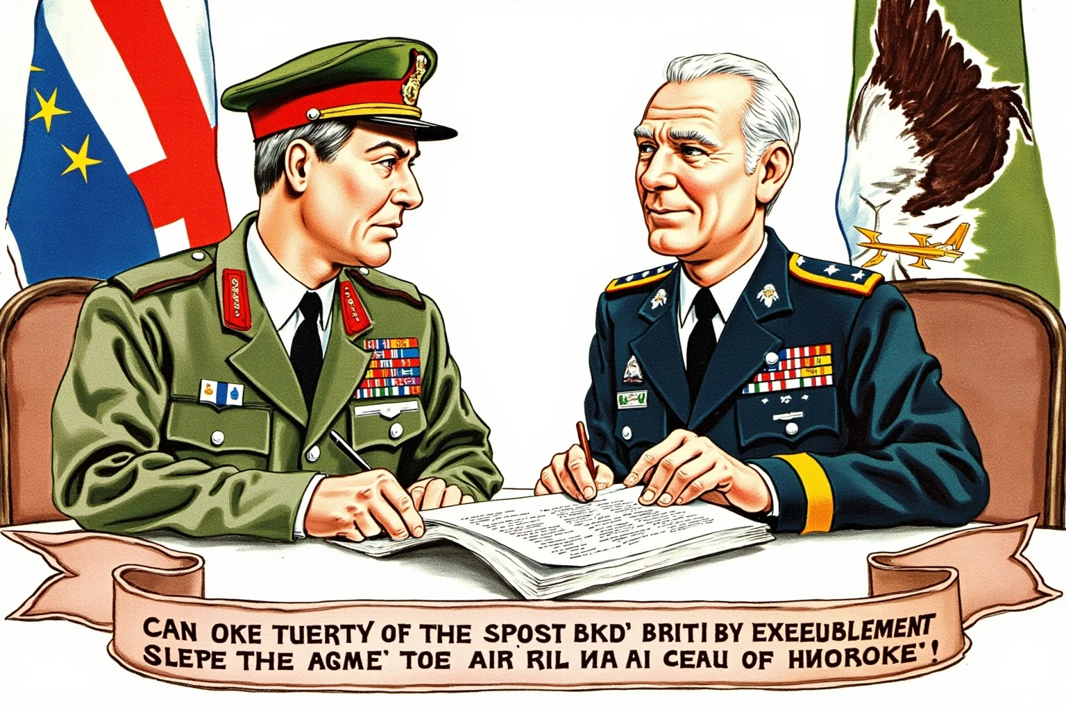 Illustration of military and diplomatic officials from North America and Europe signing an alliance document, flags of member nations