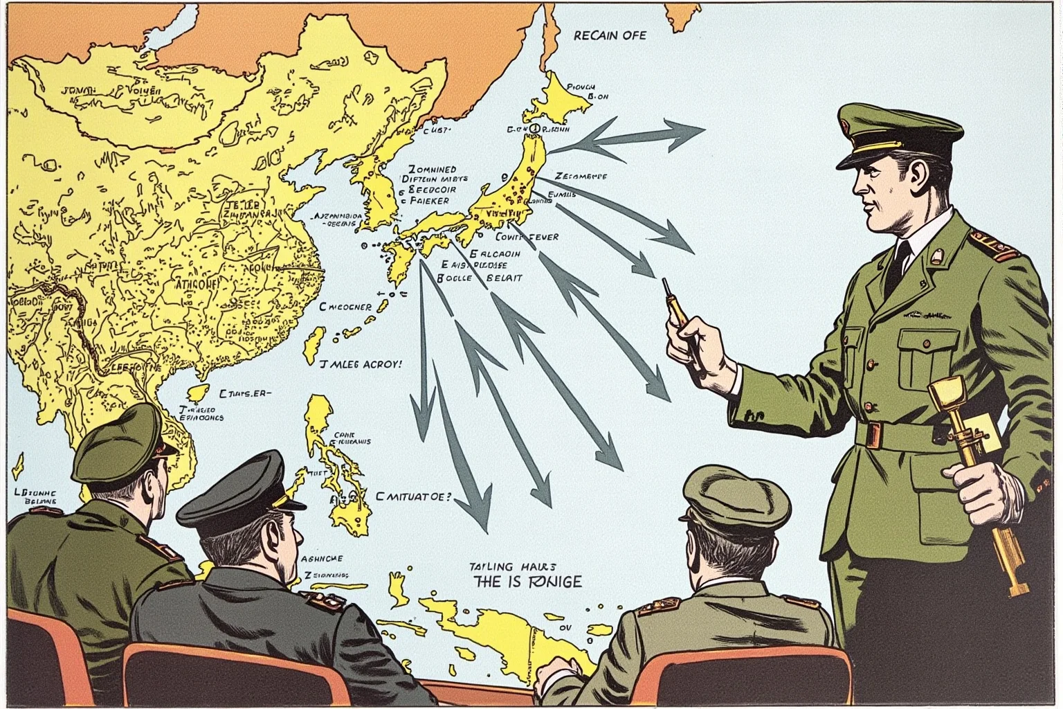 Illustration of military planners studying a map of Japanese coastline with invasion arrows, 1945 style
