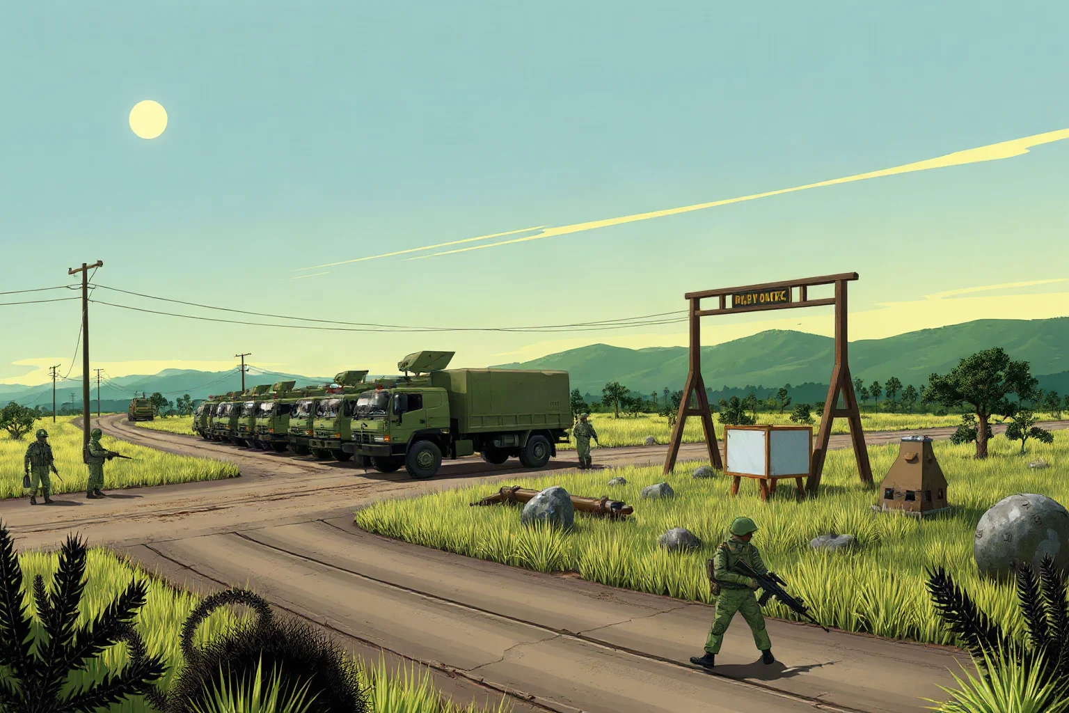 Illustration of military trucks and soldiers gathering near a rural border checkpoint