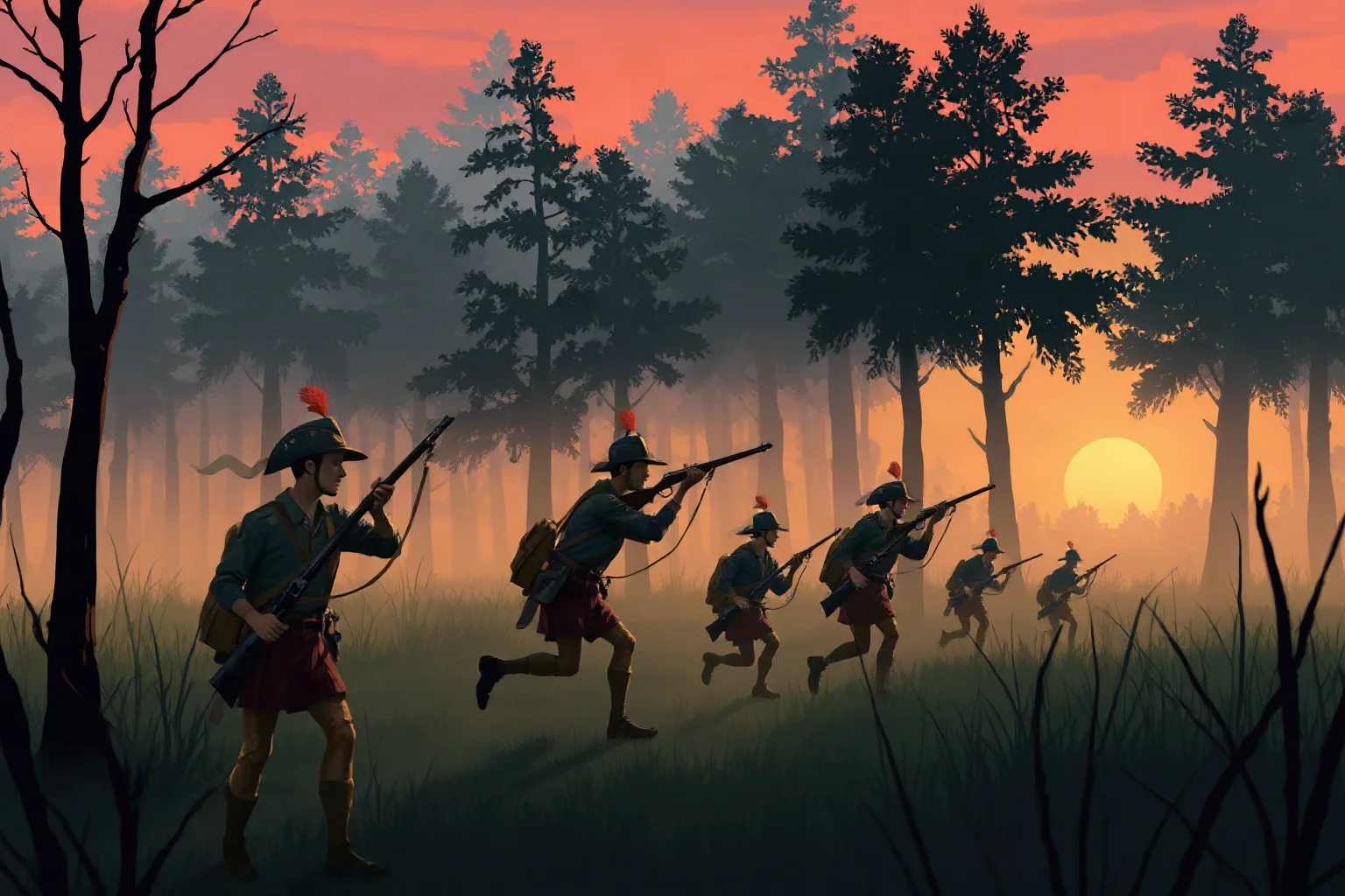 Illustration of militia fighters emerging from a misty swamp forest at dusk, muskets in hand