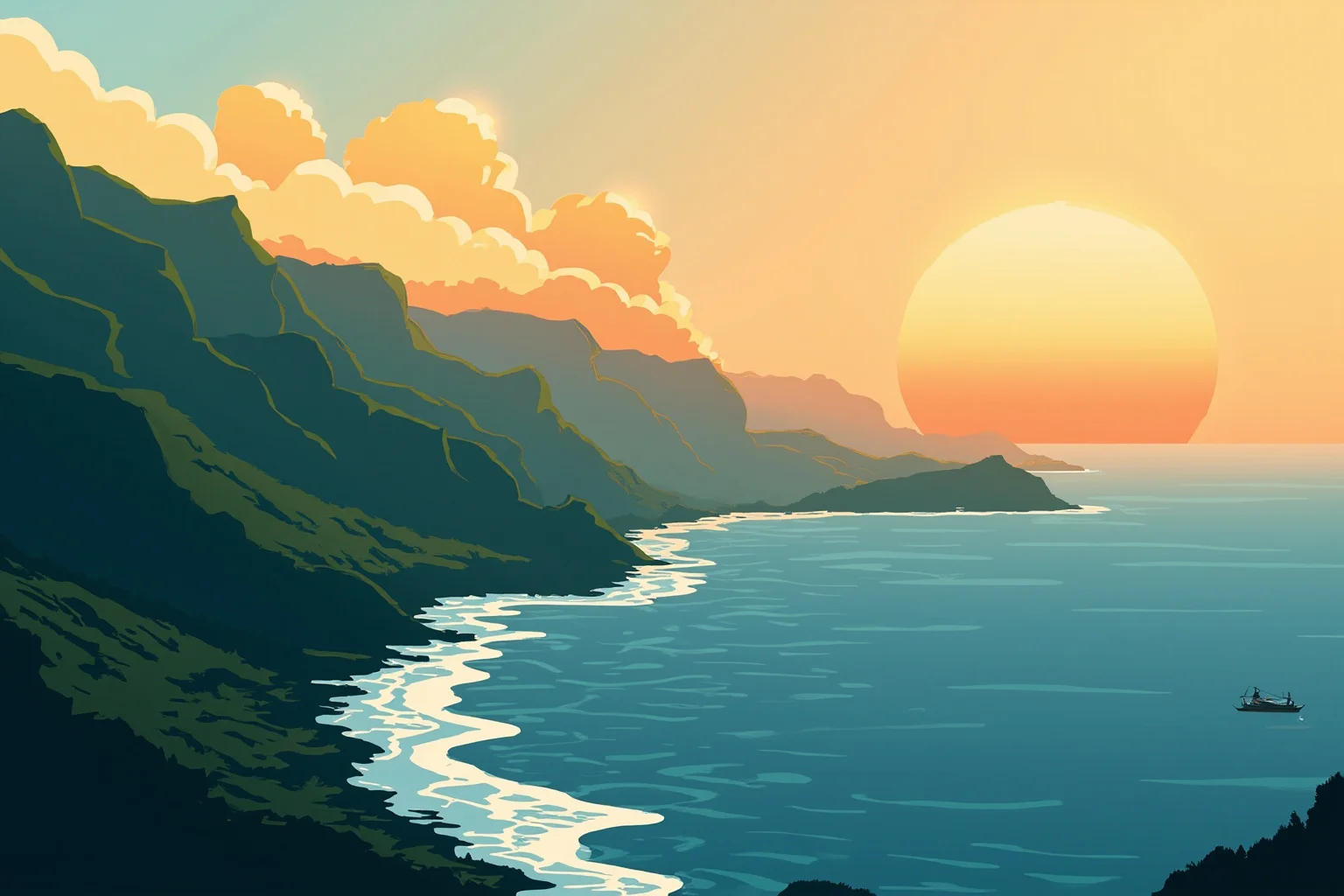 Illustration of misty green mountains along a West African coastline at sunset