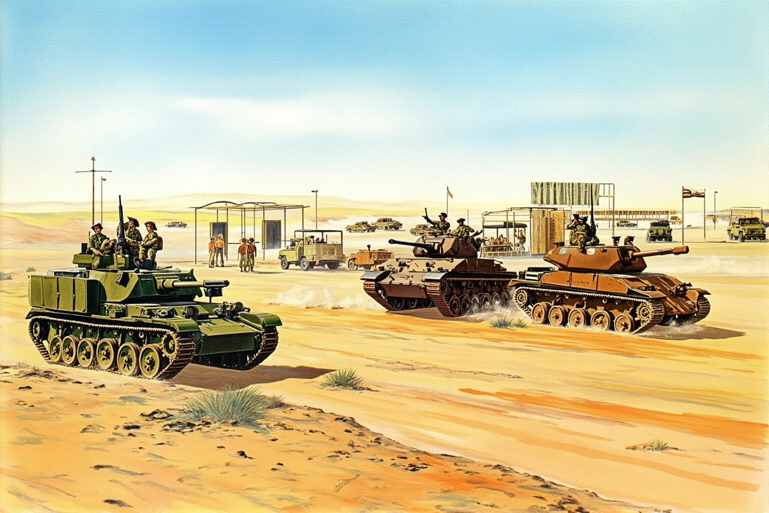 Illustration of mobilized troops and tanks near a desert border checkpoint, 1960s Middle East style