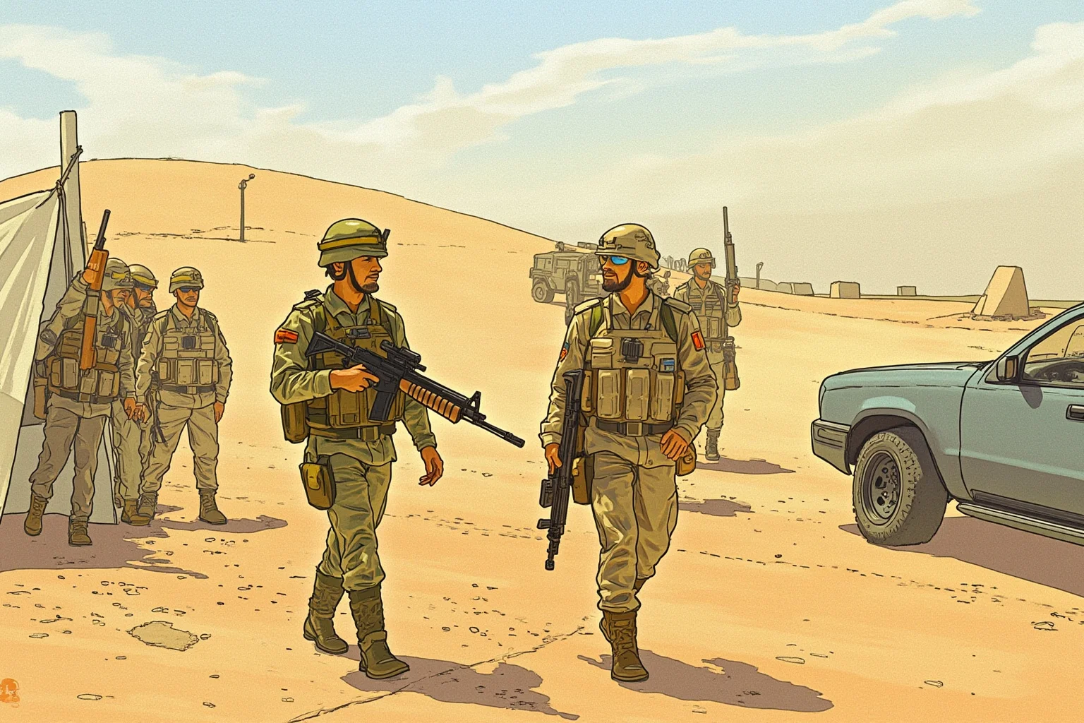 Illustration of modern desert soldiers walking past a weapons inspection site, early 2000s setting