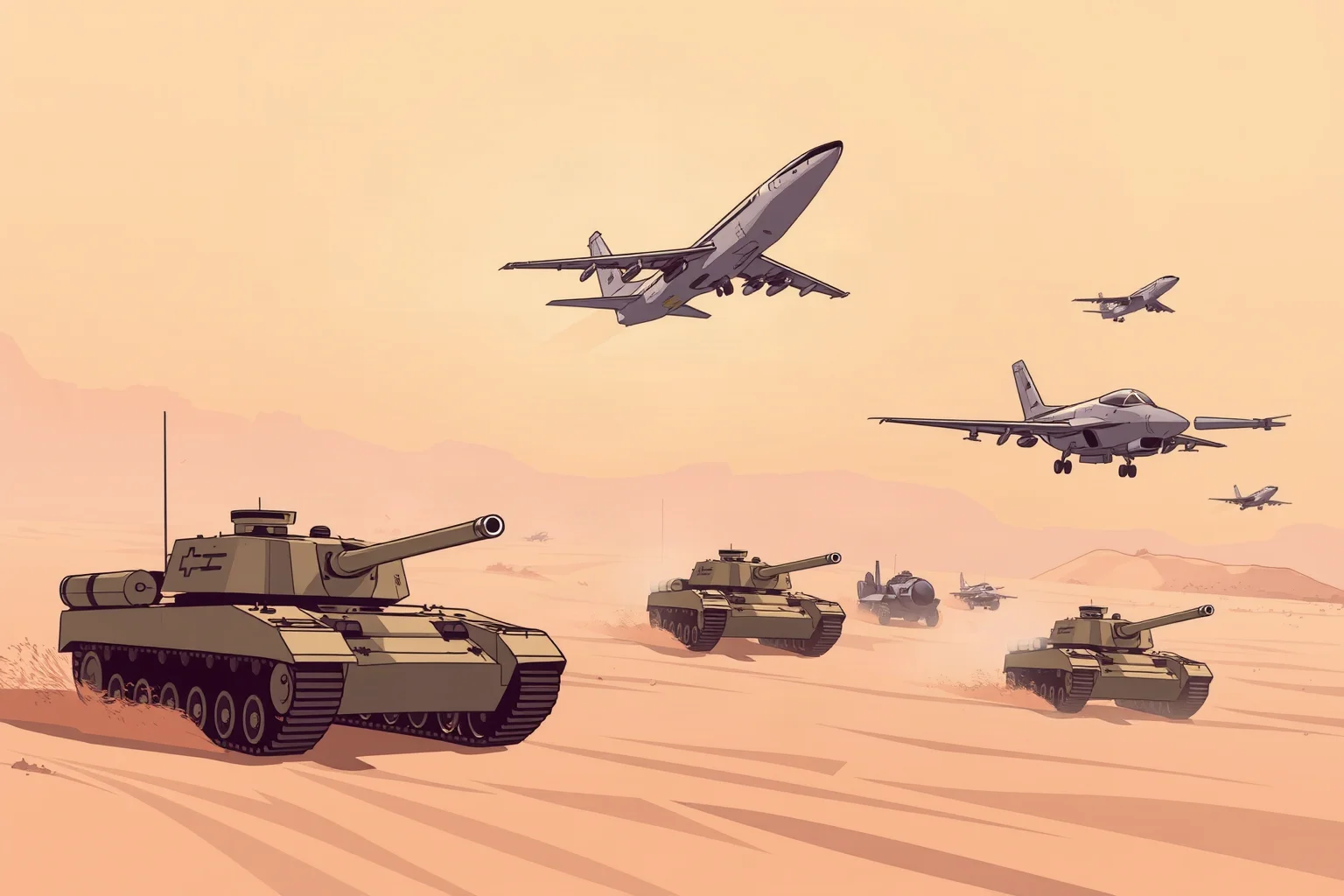 Illustration of modern tanks and jet aircraft in a desert landscape representing the Gulf War