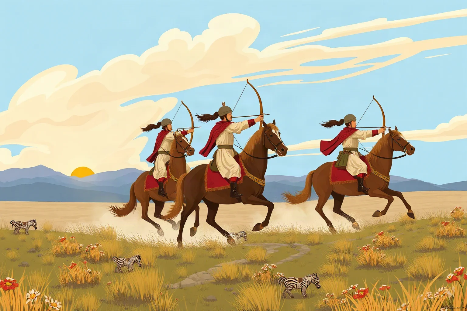 Illustration of Mongol horse archers riding across an open steppe landscape, bows drawn