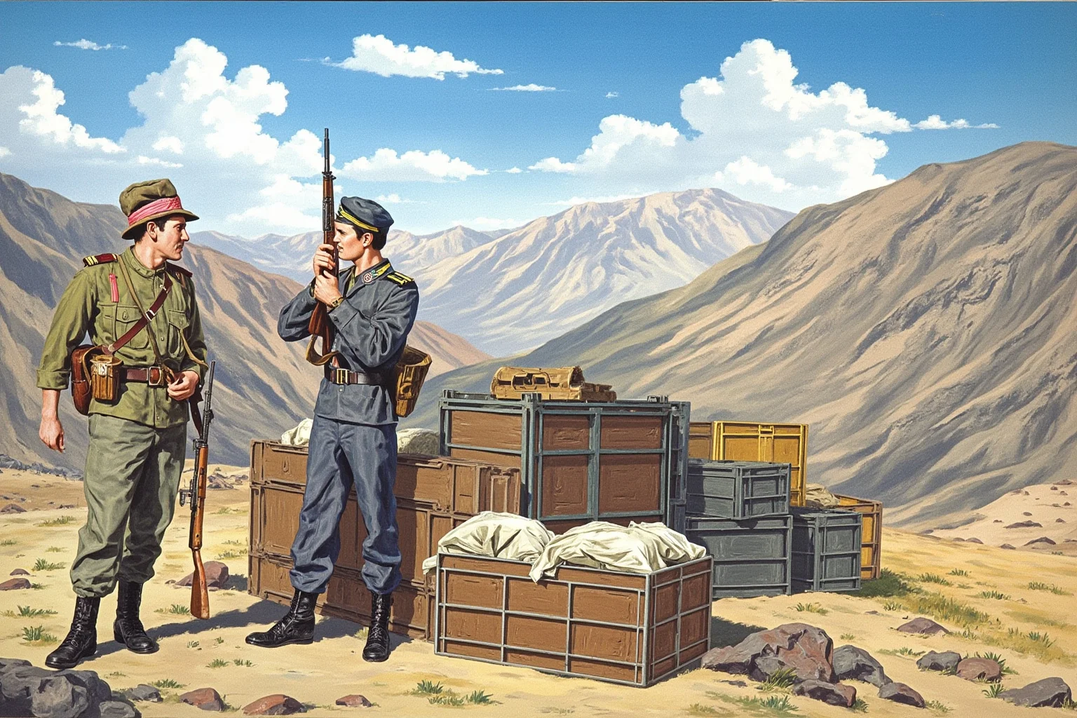 Illustration of mountainous Afghan terrain with resistance fighters and supply crates, Cold War era