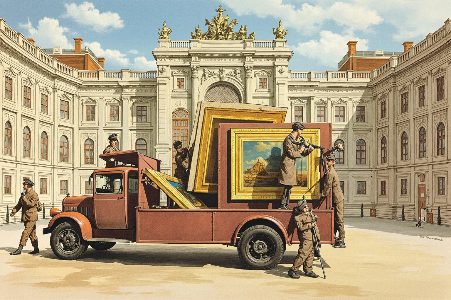 The Louvre Is No Stranger to Losing Millions: Inside the Museum's Biggest Heists 9 Illustration of museum staff in 1940s attire carefully crating paintings and loading them onto a truck outside a grand palace