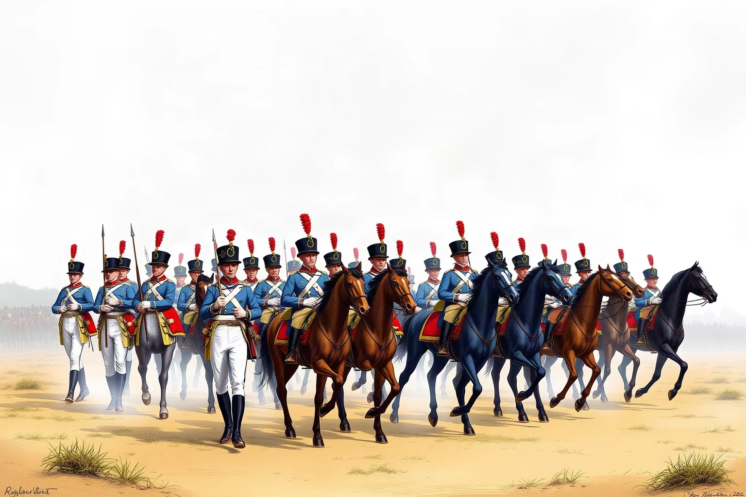 Illustration of Napoleonic era infantry and cavalry in blue uniforms marching in formation