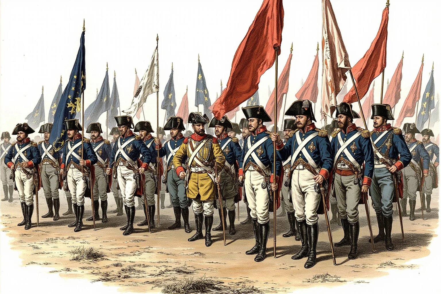 Illustration of Napoleonic-era soldiers in formation with European flags, early 1800s military aesthetic