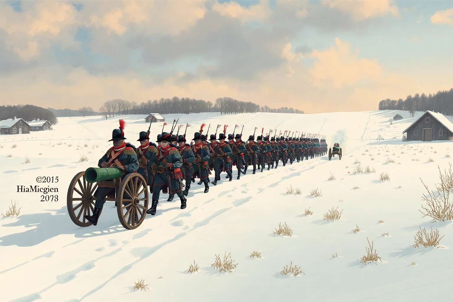 Illustration of Napoleonic-era soldiers marching across a snowy European battlefield with cannons