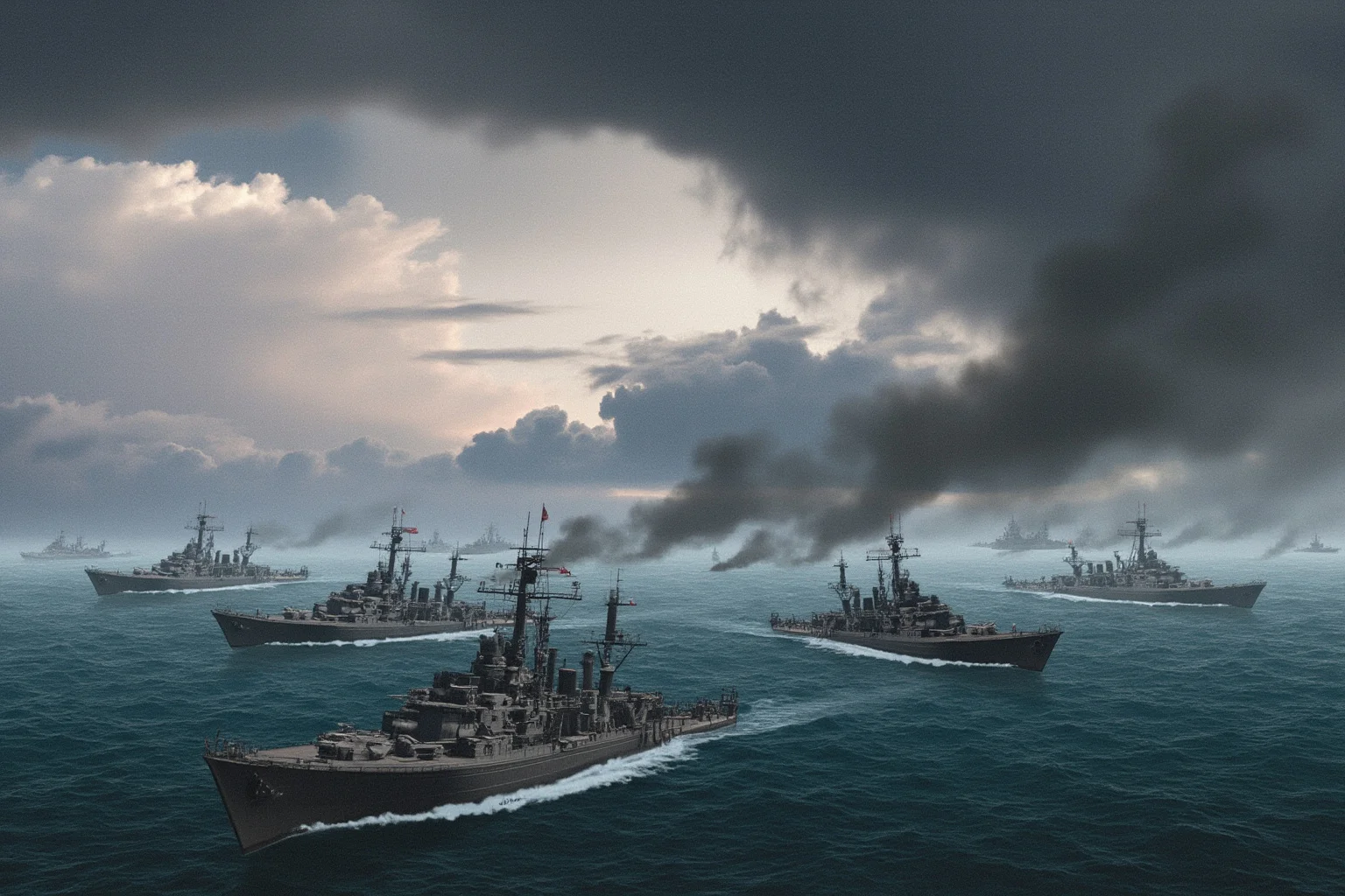 Illustration of naval ships massed in the English Channel under stormy skies, poised for an invasion that never launches