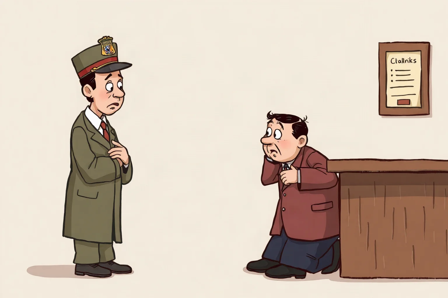 Illustration of nervous provincial officials bowing before a startled minor clerk, evoking The Government Inspector