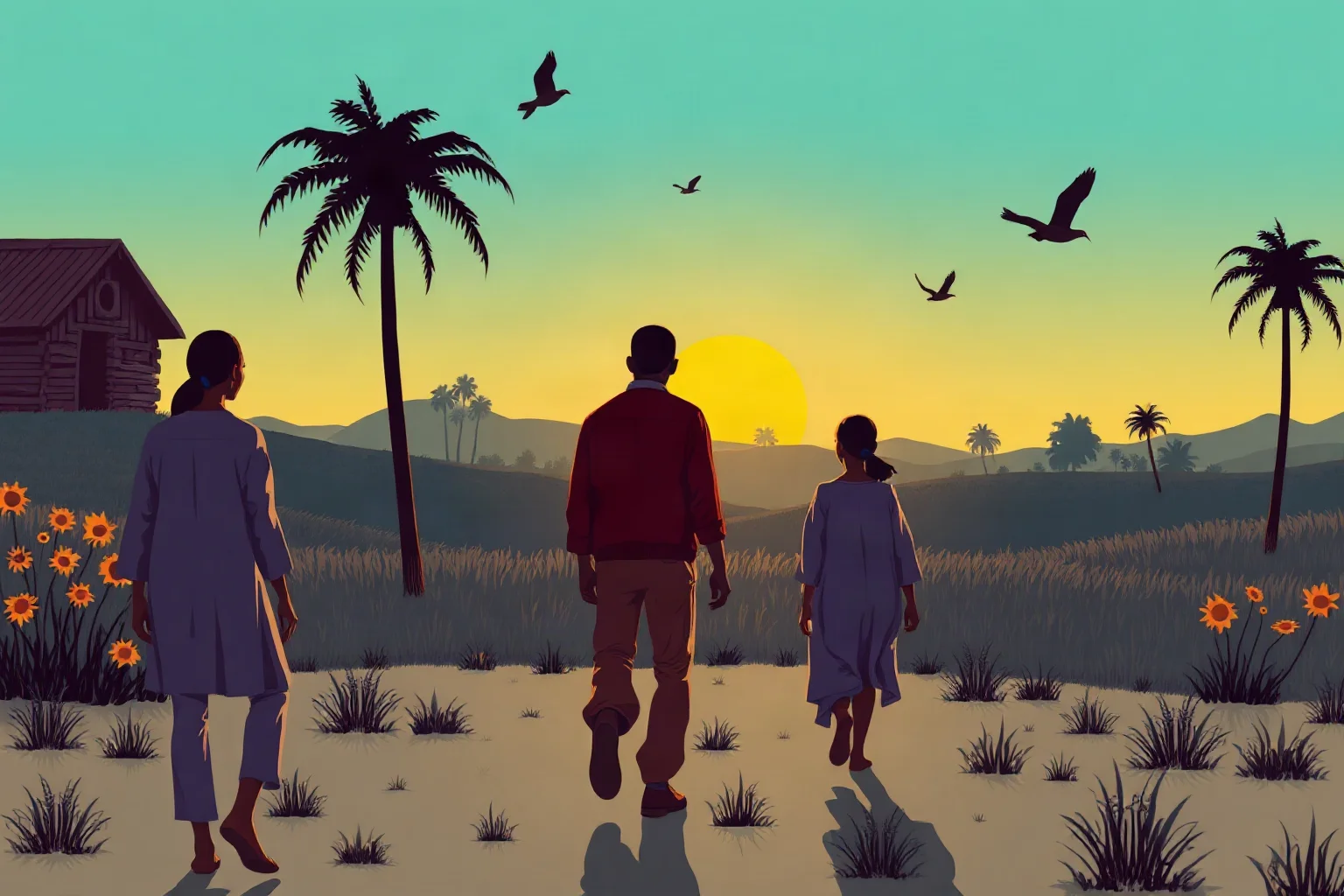 Illustration of newly freed families walking away from a plantation toward a hopeful sunrise horizon