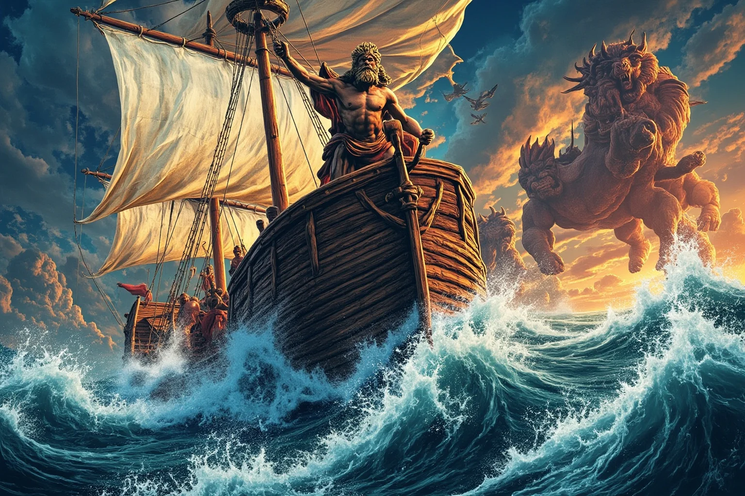 Illustration of Odysseus's ship sailing through stormy seas with mythical creatures in the background