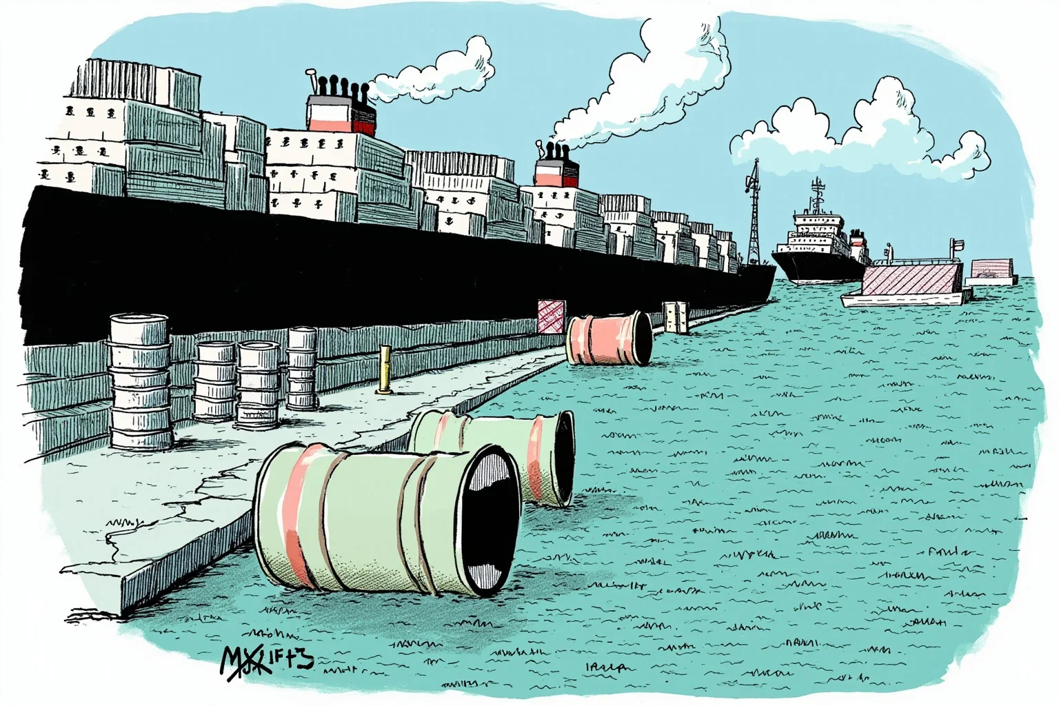 Illustration of oil barrels and cargo ships halted at a harbor with a customs blockade symbol, representing an economic embargo