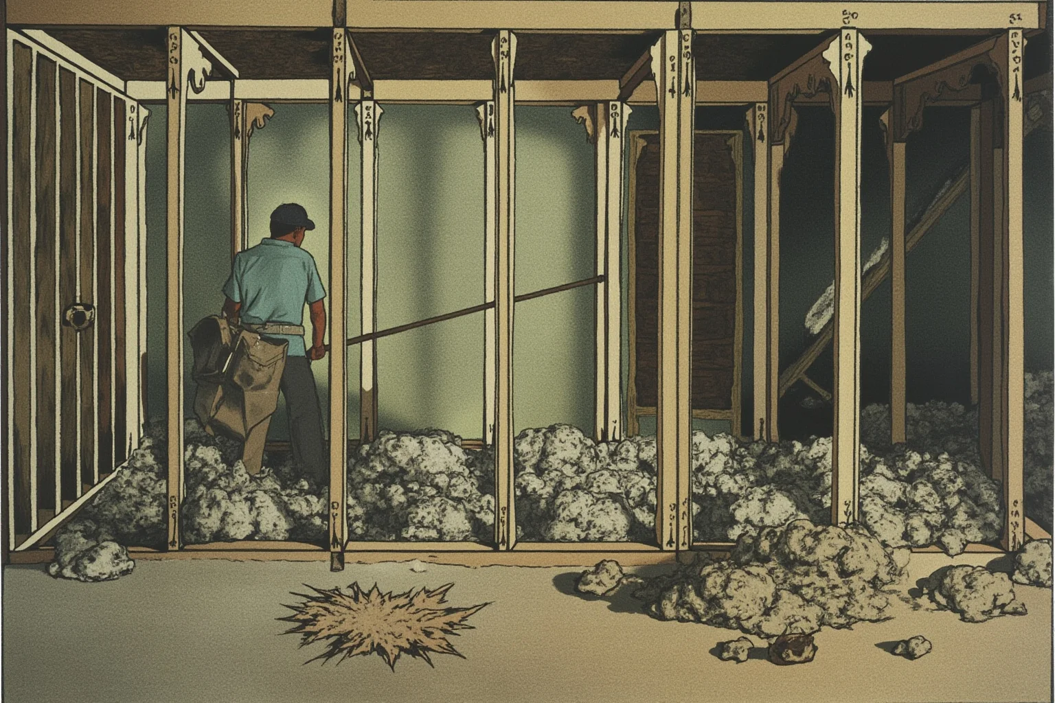 The Worst Inventions of All Time, Ranked 3 Illustration of old asbestos insulation being installed in a mid-century building interior, muted tones