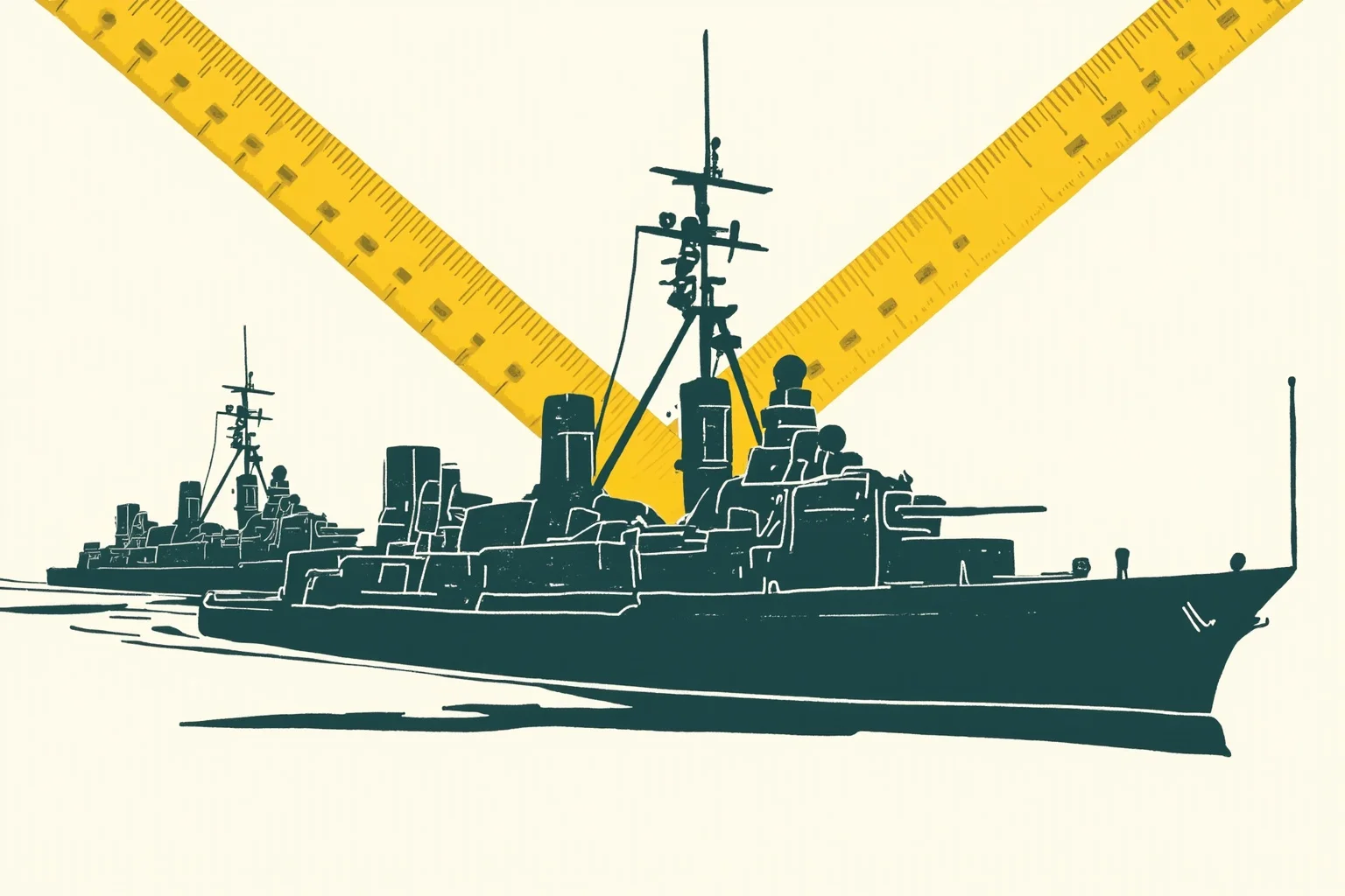 Illustration of old battleship silhouettes with measuring tape overlay, symbolizing naval treaty limits