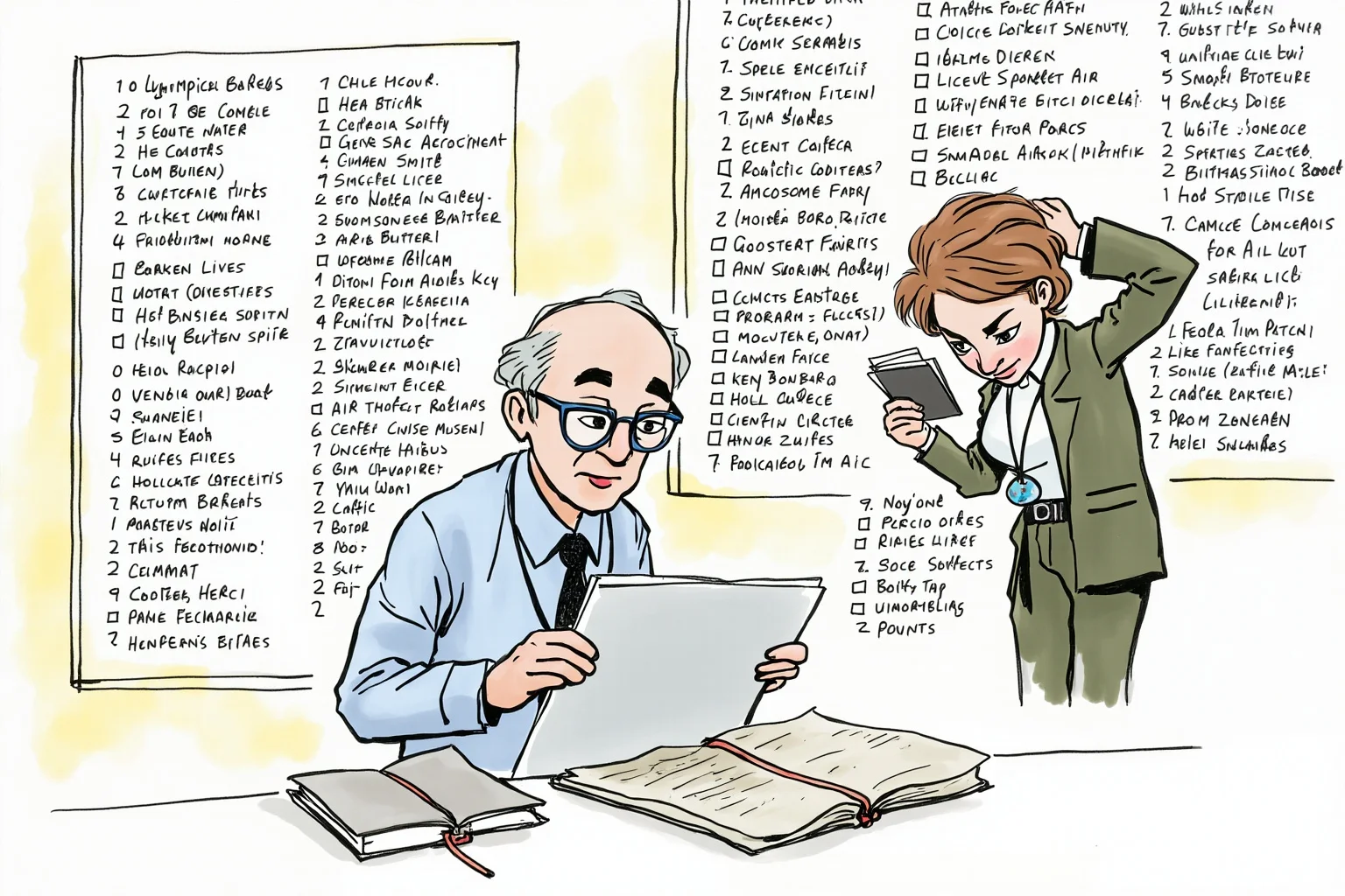 Tug of War Was Once an Olympic Sport—Here's Why It Got Removed 12 Illustration of Olympic officials reviewing a rulebook and crossing out event names from a program list