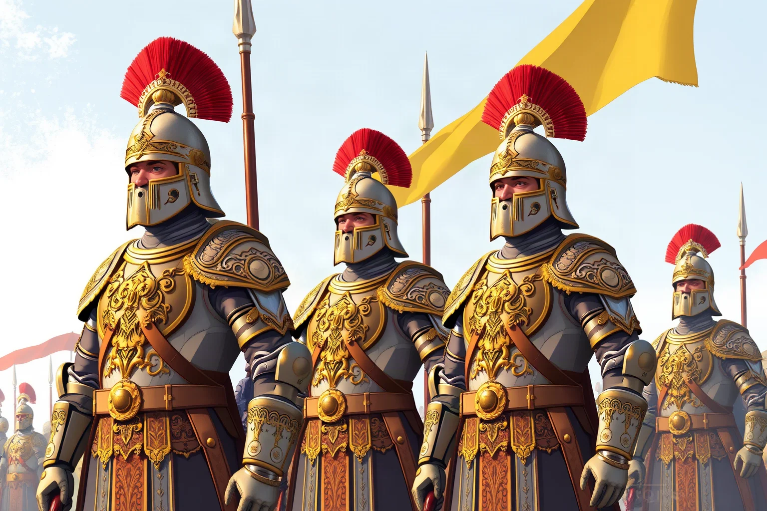 Illustration of ornately armored Persian infantry soldiers standing in ceremonial ranks
