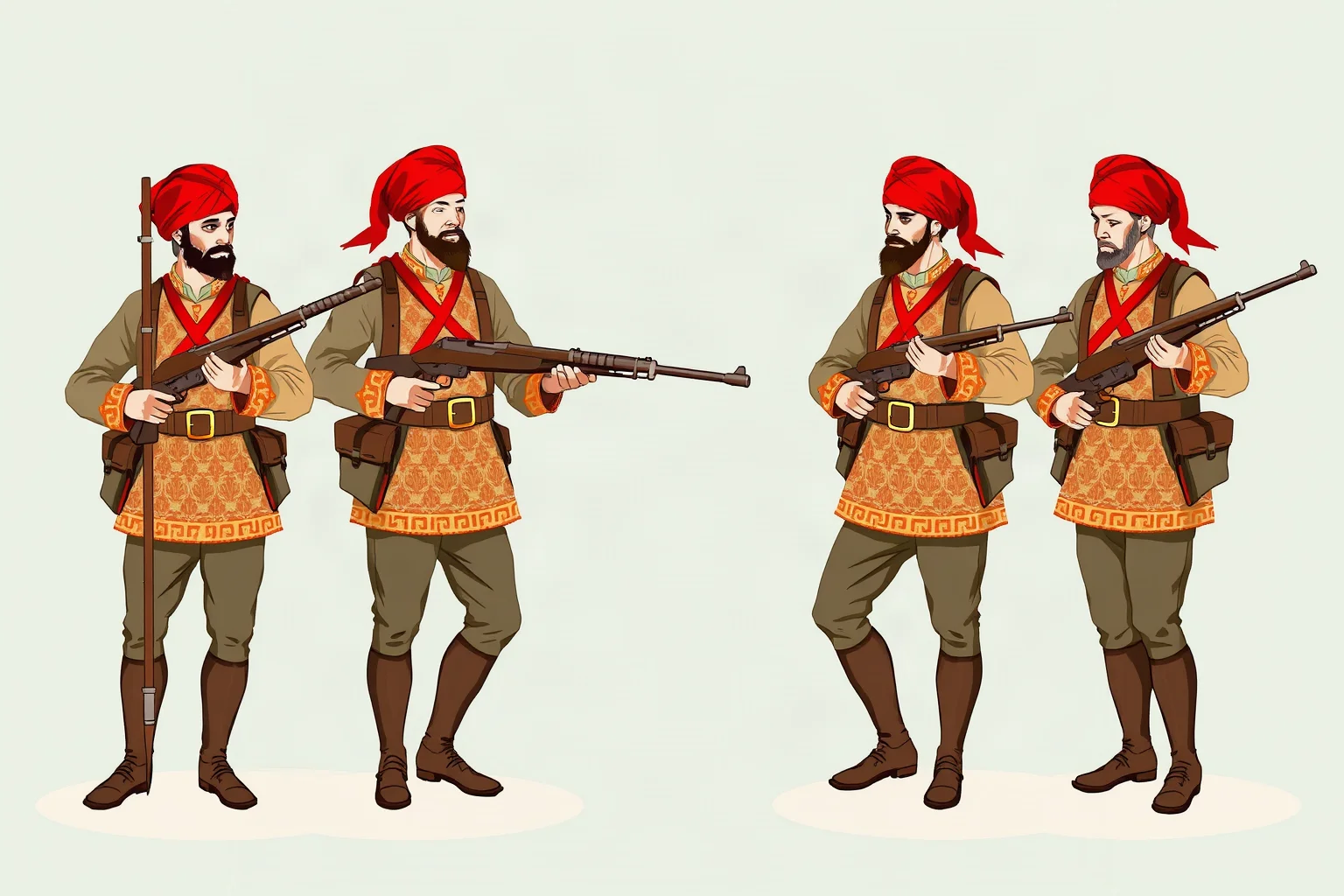 Illustration of Ottoman Janissary soldiers in traditional uniforms with early firearms