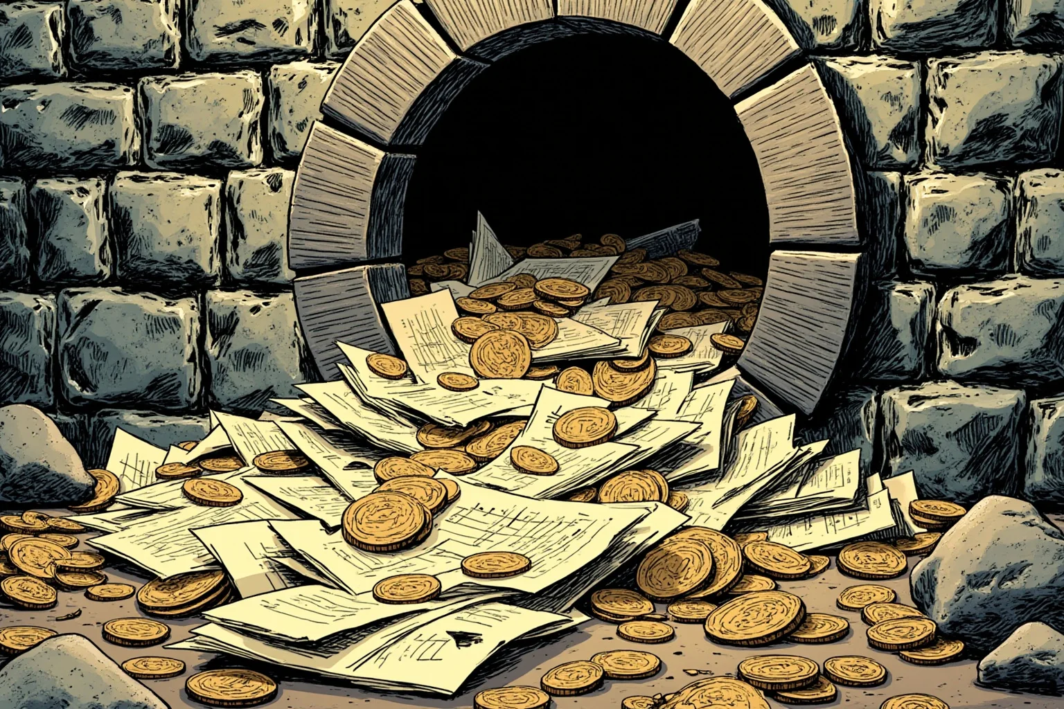 Surprising Facts About Marie Antoinette (And 10 Misconceptions) 19 Illustration of overflowing treasury ledgers and coins spilling from a cracked stone vault, symbolic historical concept art