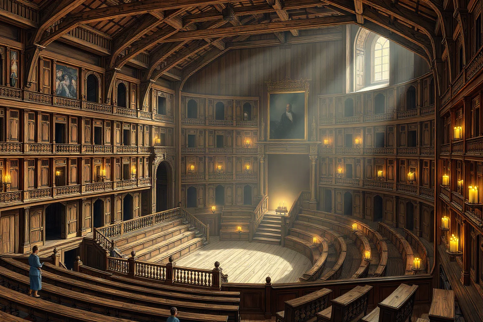 Back to Class: The 20 Oldest Universities in the World 7 Illustration of Padua's historic anatomical theater interior, wooden tiered seating, candlelit academic atmosphere, Renaissance Italy