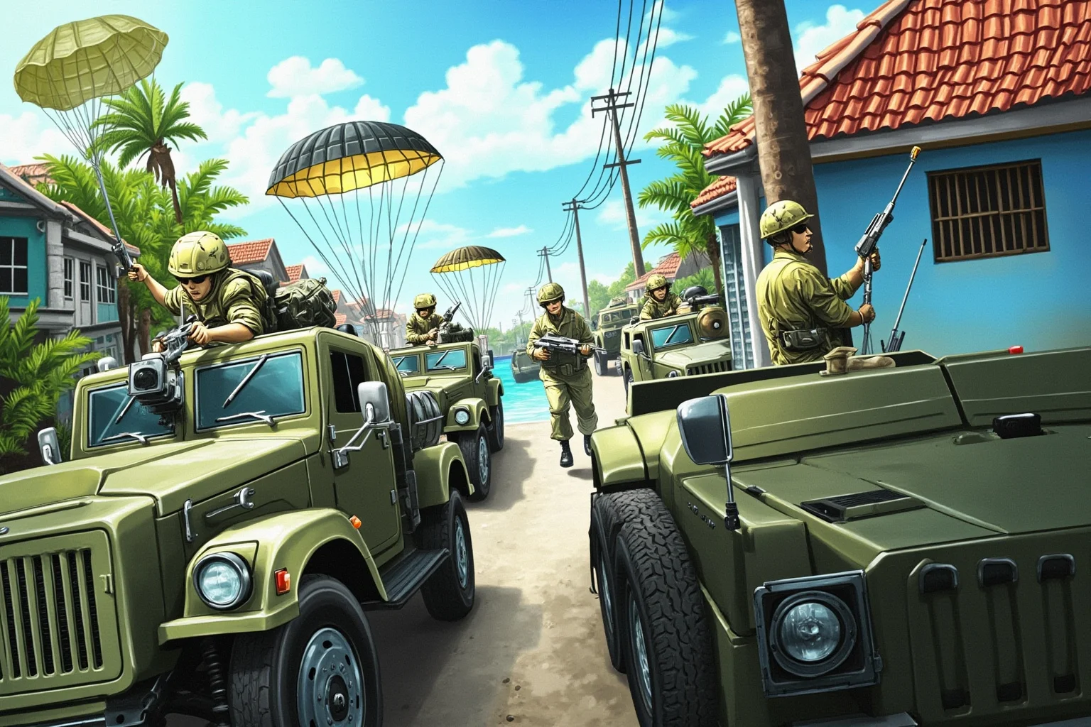 Illustration of paratroopers and armored vehicles moving through a tropical Caribbean island town